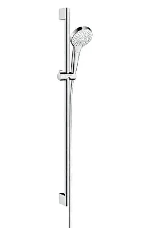 Vertikales Brauseset von Hansgrohe mit Chrom-Oberfläche und Handbrause, montiert an einer Schiene, die eine flexible Höhenverstellung ermöglicht.